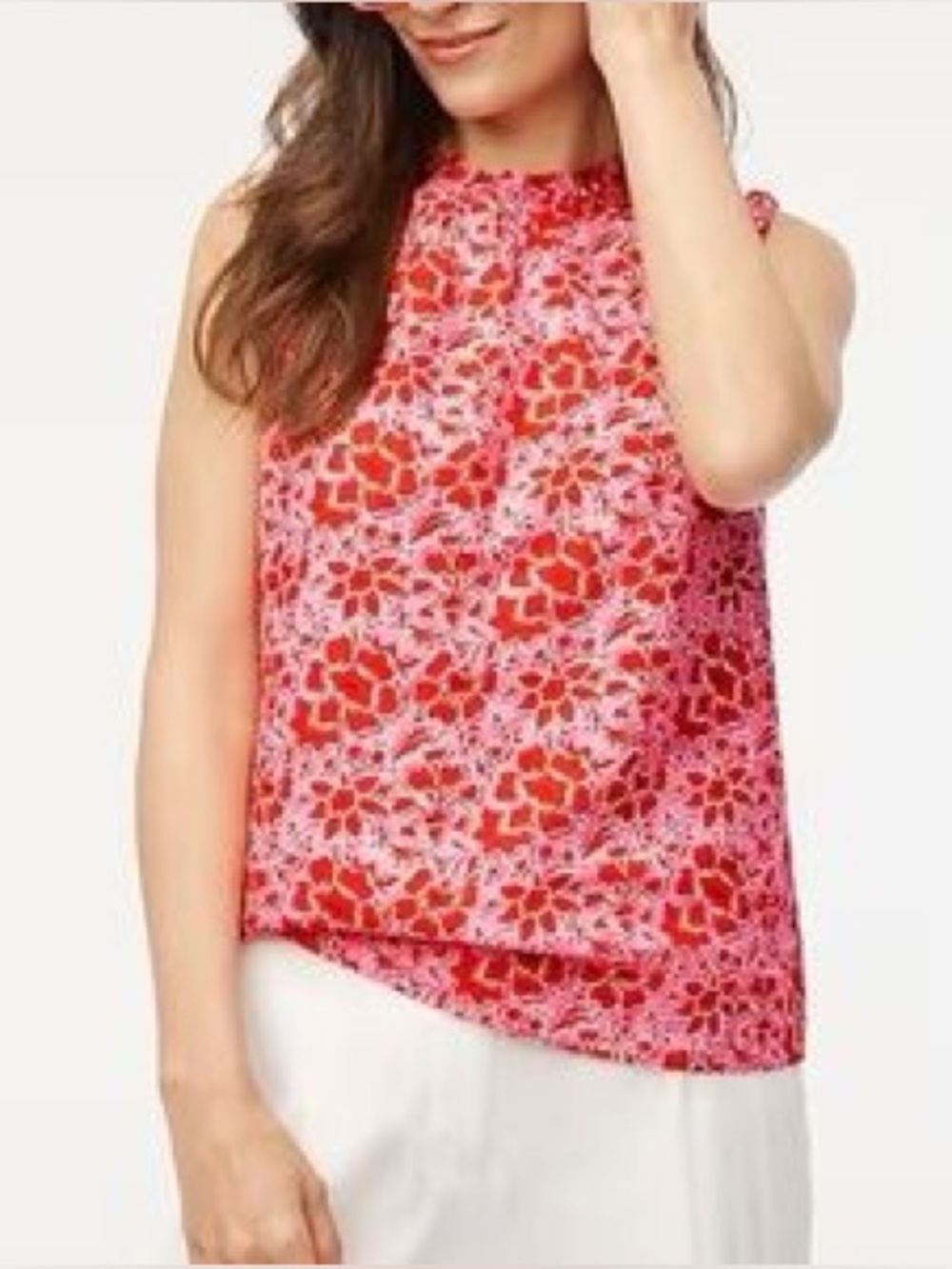 J. Crew Factory Printed Linen Blend Ruffle Neck Top, Azalea/Red Floral, Small